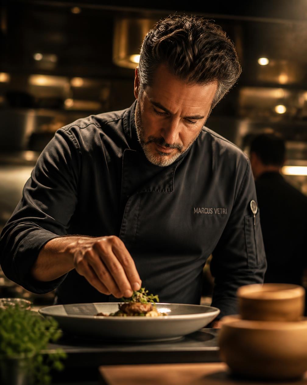 Chef Marcus plating a dish in the Maison Auré kitchen