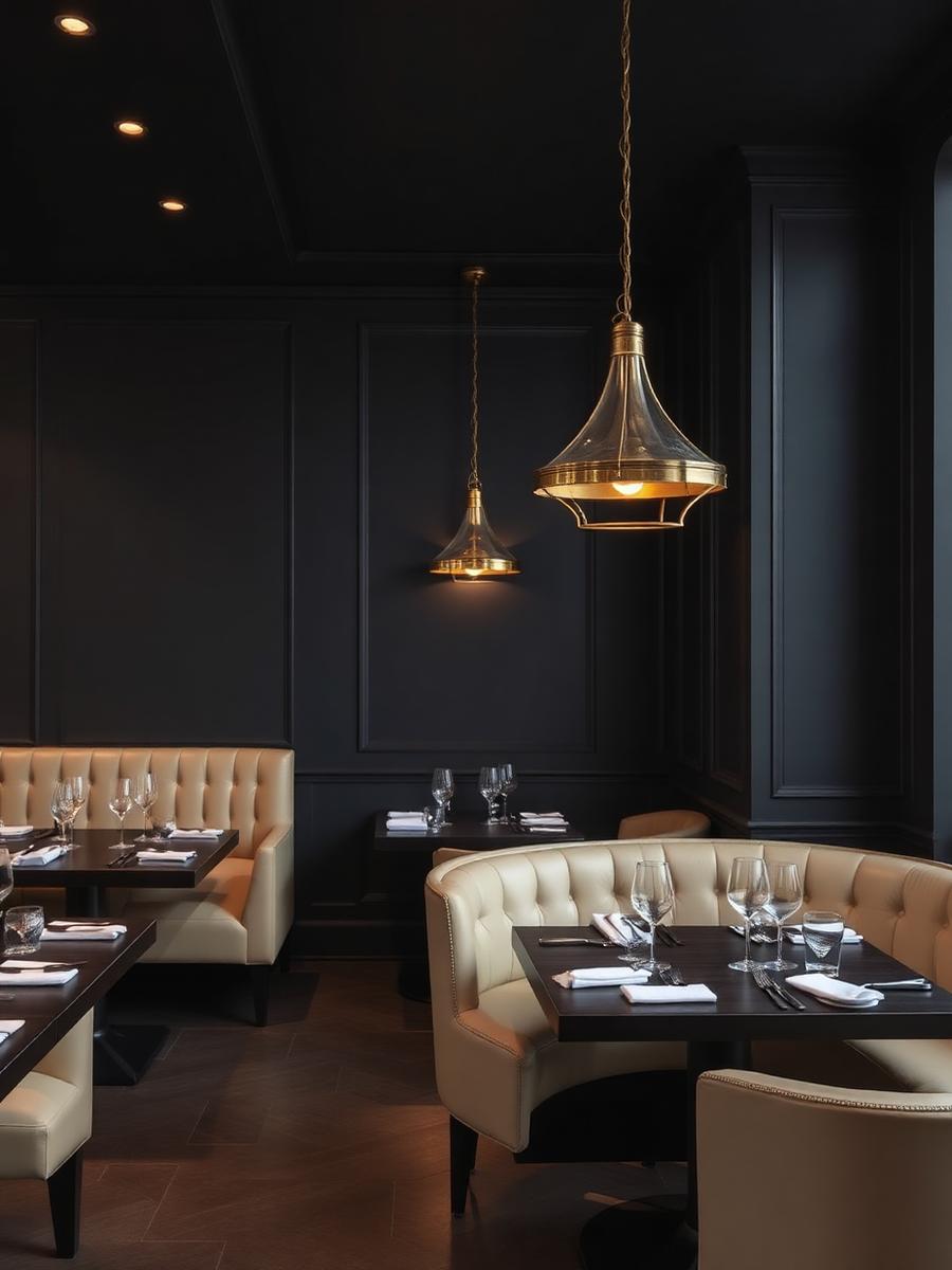 Main dining room with brass pendants and cream banquettes