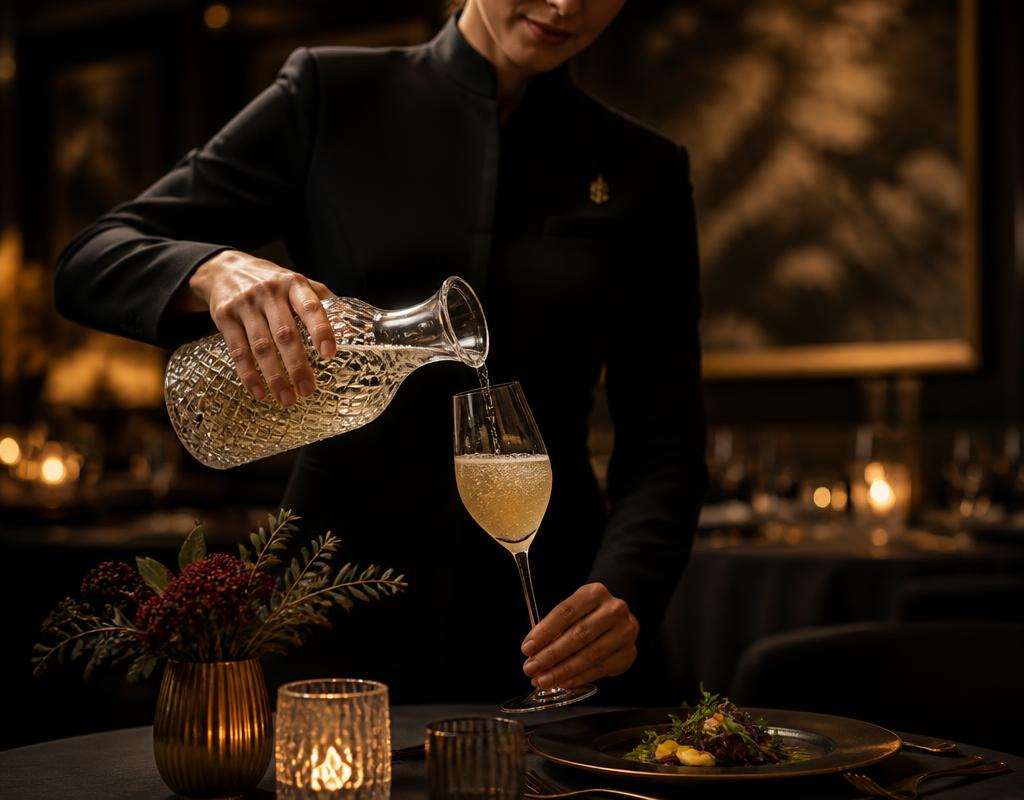 Server pouring a sparkling alcohol-free mocktail at a candlelit table