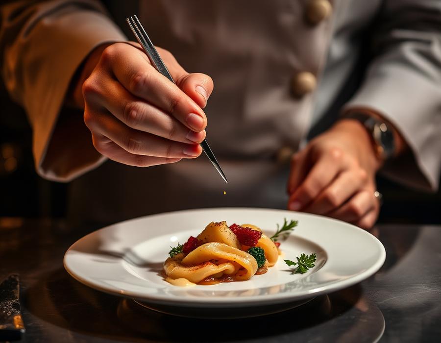 Chef garnishing a plate with tweezers